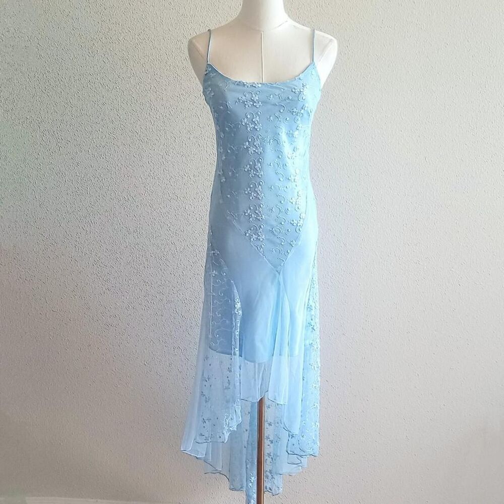 Y2K Blue Sheer Floral Sparkly Fairy Prom Dress